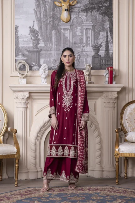 3 Piece Suit – Embroidered with Shawl (Stitched)