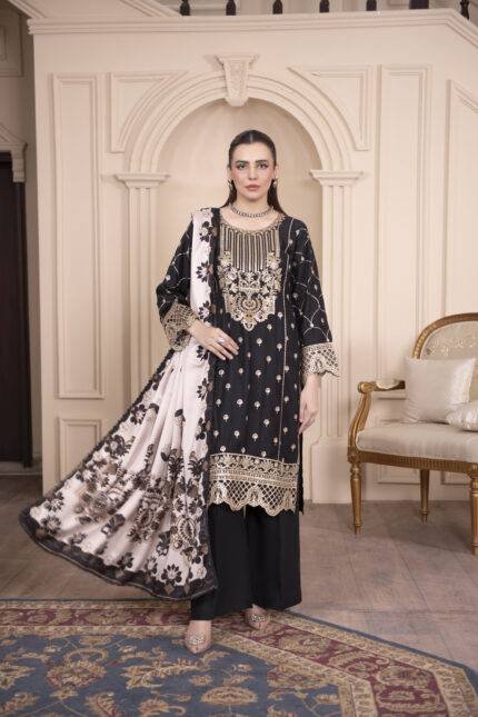 3 Piece Suit – Embroidered with Shawl (Stitched)